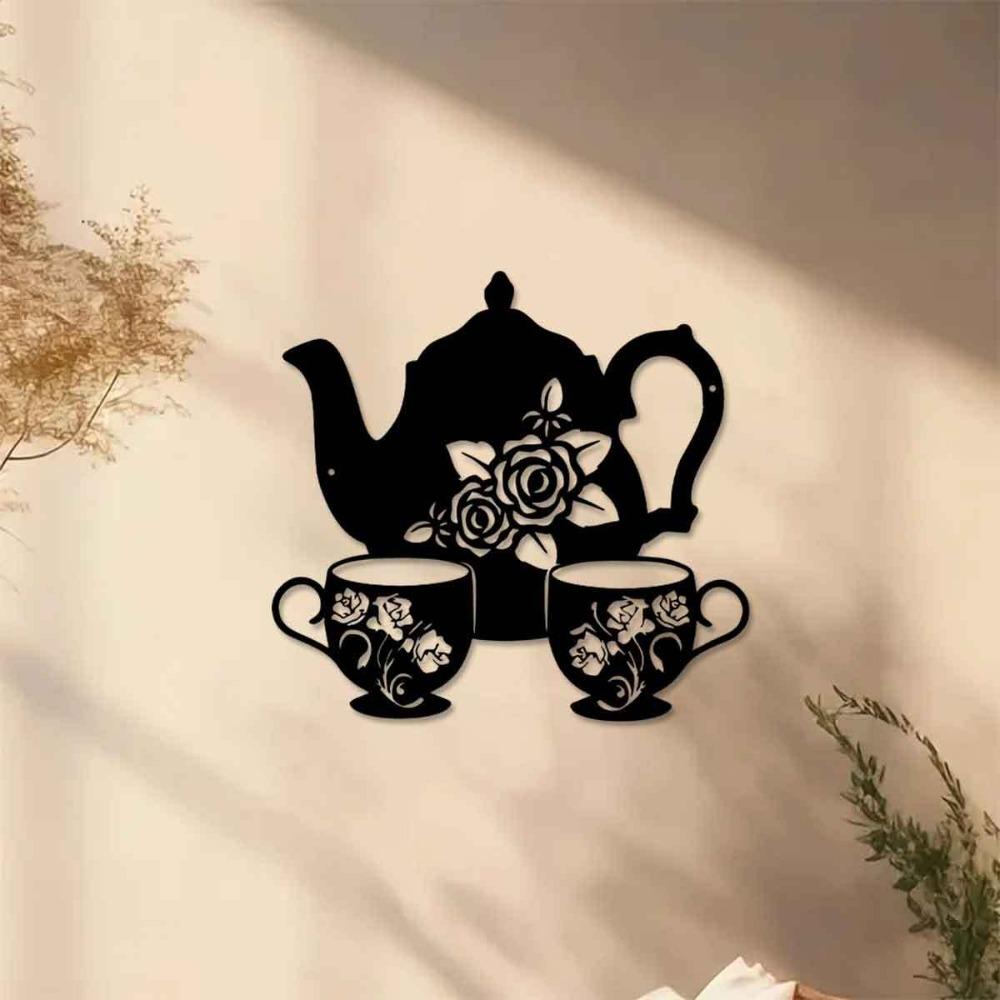 Metal Teapot Wall Art Floral Iron Sculpture, Rustic Decor for Living Room Office Patio Cottage, Indoor Outdoor Use