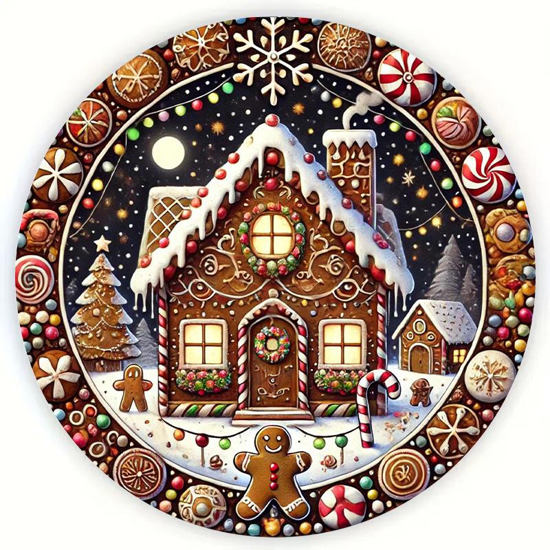 Christmas Gingerbread House Candy Gingerbread Man Night Scene Tin Sign  Vintage Durable Metal Plaque Wall Decor Sweet Holiday 30x40cm(11.8x15.7inch)