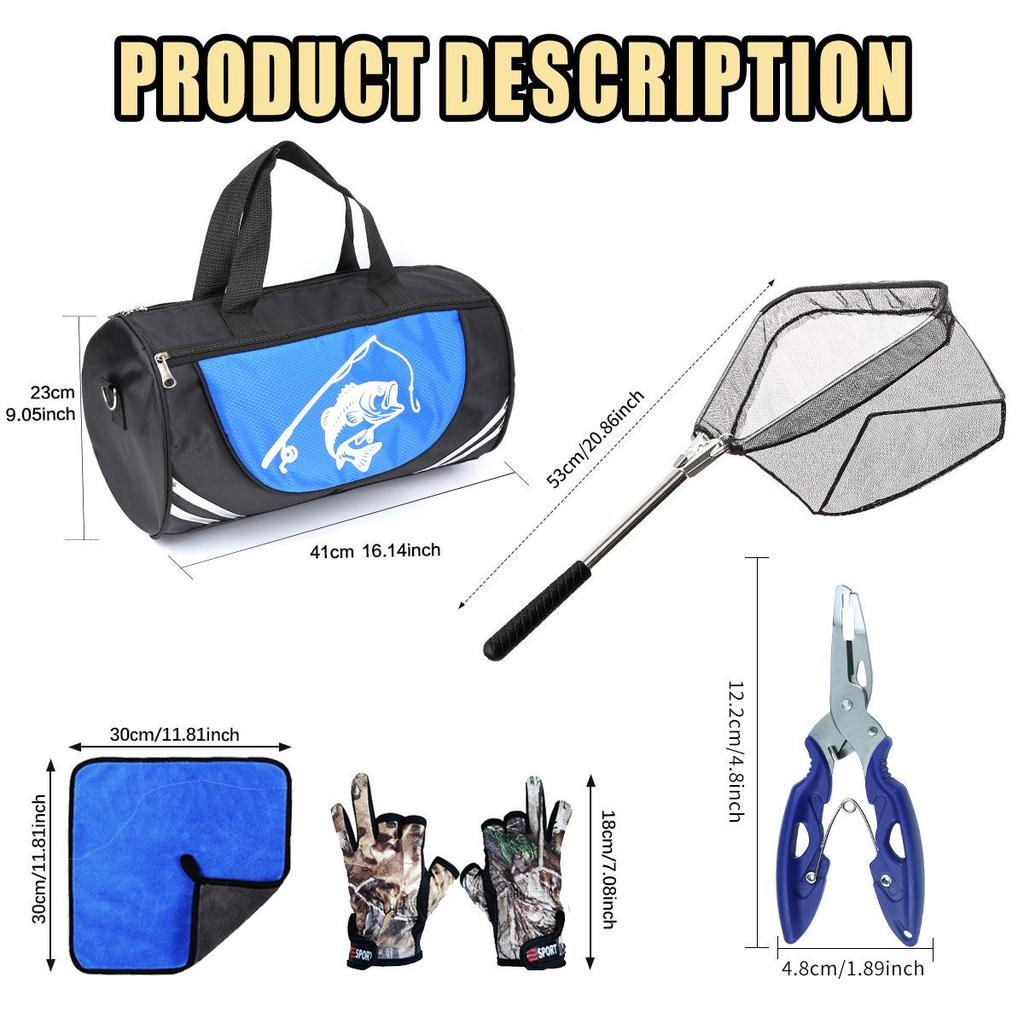 Red & Green Double Rod Set with Landing Net: Multifunctional, Portable, Large Capacity Fishing Gear Bag