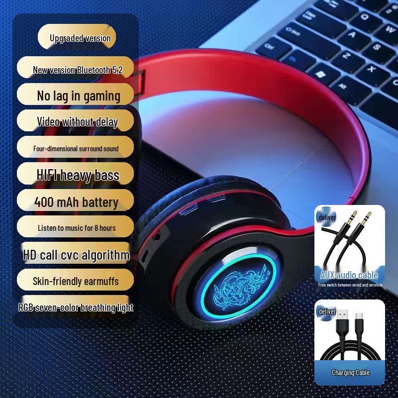 Glowing Noise-Cancelling Wireless Over-Ear Bluetooth Headphones for Sports