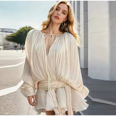 Elegant Chiffon Pleated Ribbon Dress Women Sweet V Neck Lace-Up Loose Ruffle Hem Dresses Lantern Sleeve Solid Fashion Office Lady Summer