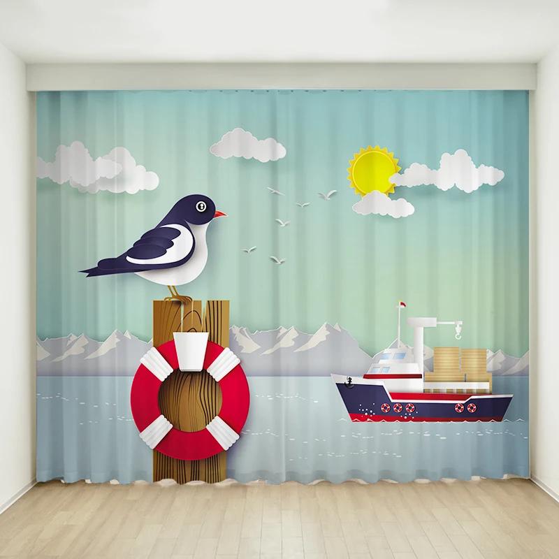 Fashion Modern Simple Cartoon Sailboat Ocean Boy Children's Bedroom Thin Curtain 2 Pieces Grommet Top Hook High Shading New