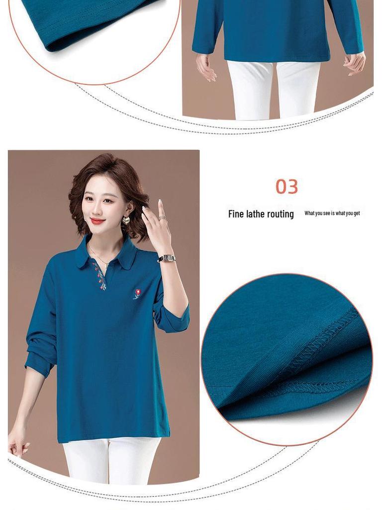 Plus Size Women's Long Sleeve Polo Collar Cotton T-shirt - Autumn Casual Loose Fit for Middle-Aged & Elderly