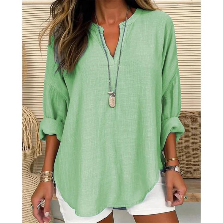 Women's Cotton Linen Shirt Loose Casual Long Sleeve Top with Stand Up Collar