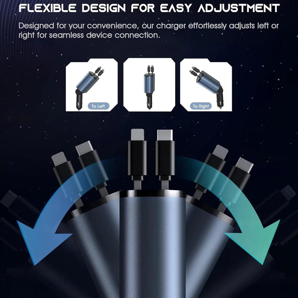 120W Super Fast Charge 4-in-1 Car Charger With Retractable Cable