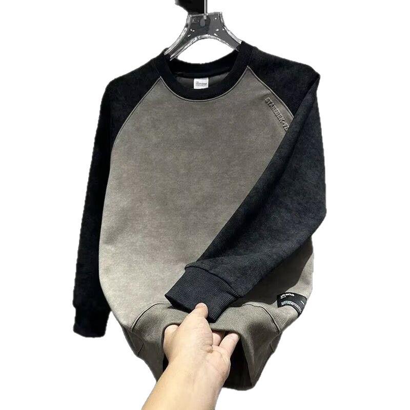 Men's Korean Style Fleece-Lined Color Block Sweatshirt - Mature Casual Autumn/Winter Top