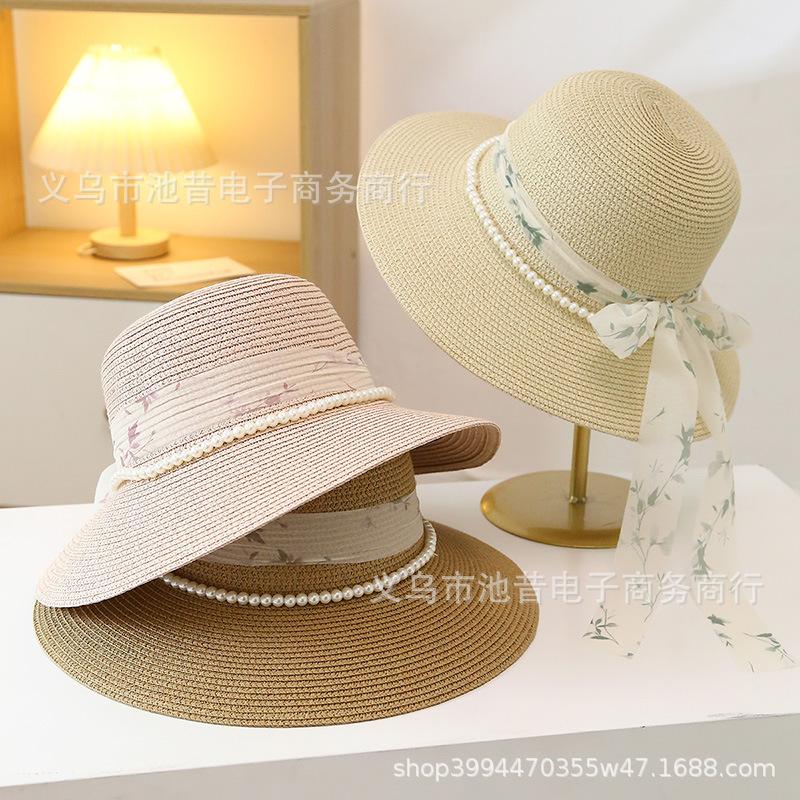 Straw hat women's summer youth pearl national style ink painting ribbon dome outdoor top hat seaside vacation sunshade sunscreen hat