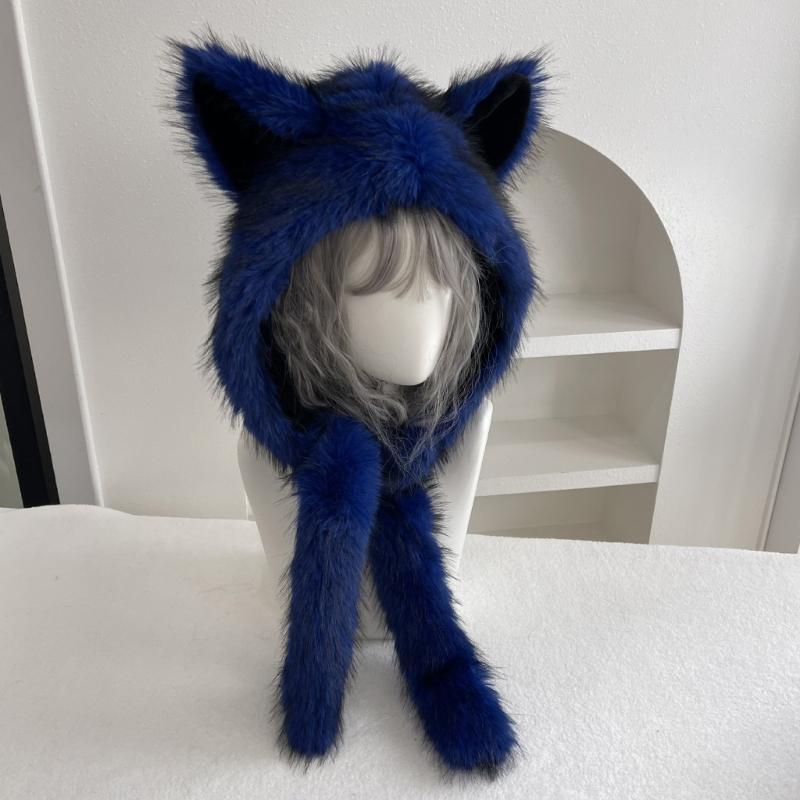 Plush Cats Ear Hat with Faux Furs Look Earflaps, Long Coverage Thick Warm Hat for Cold Weather Daily Outfit Styling, Outdoor Activity