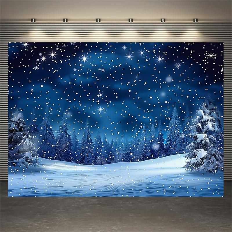 Christmas Night Sky Background Fabric - Pine Trees Blue and White Snowflakes Polyester - Living Room and Outdoor Decoration