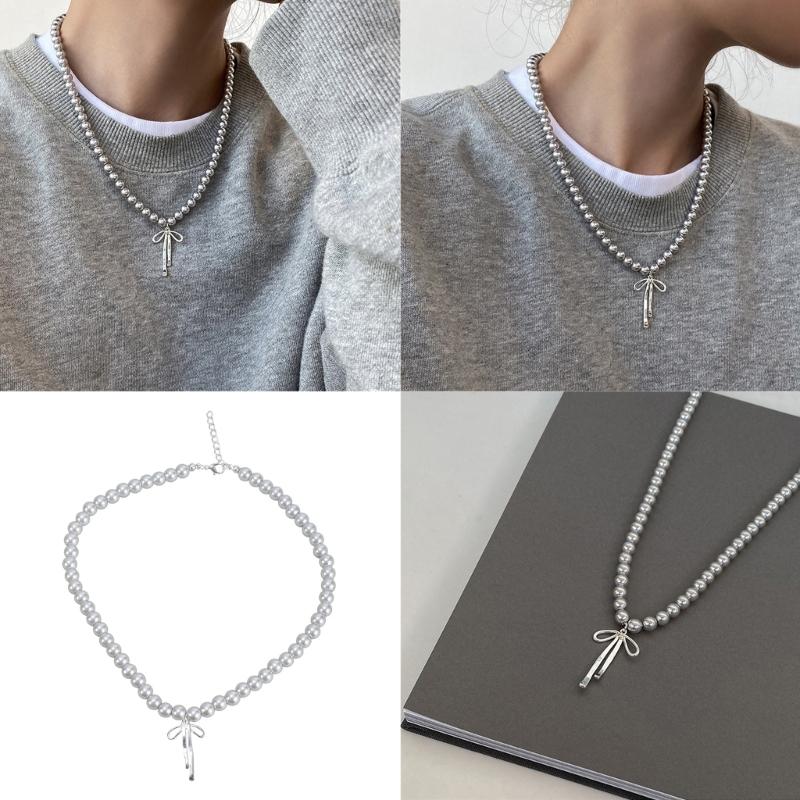 Exquisite Bowknot Pendant Necklace Elegant Neckchains Jewelry Gray Pearls Clavicle Chain Charm Adornment for Women