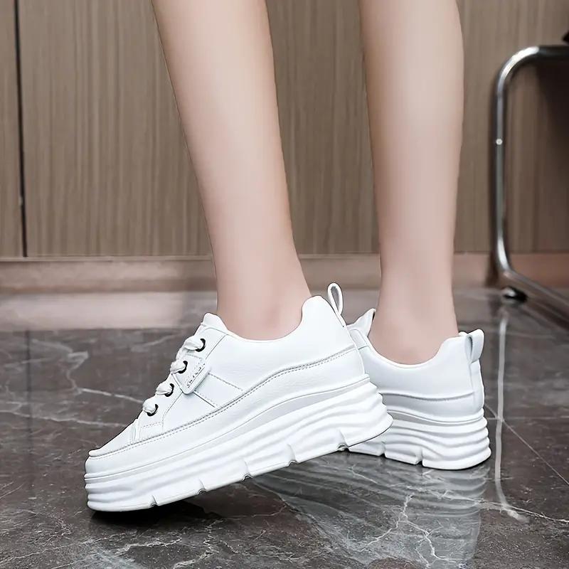 Women's Solid Color Sneakers, Casual Lace Up Outdoor Shoes, Comfortable Inner Heightening Shoes