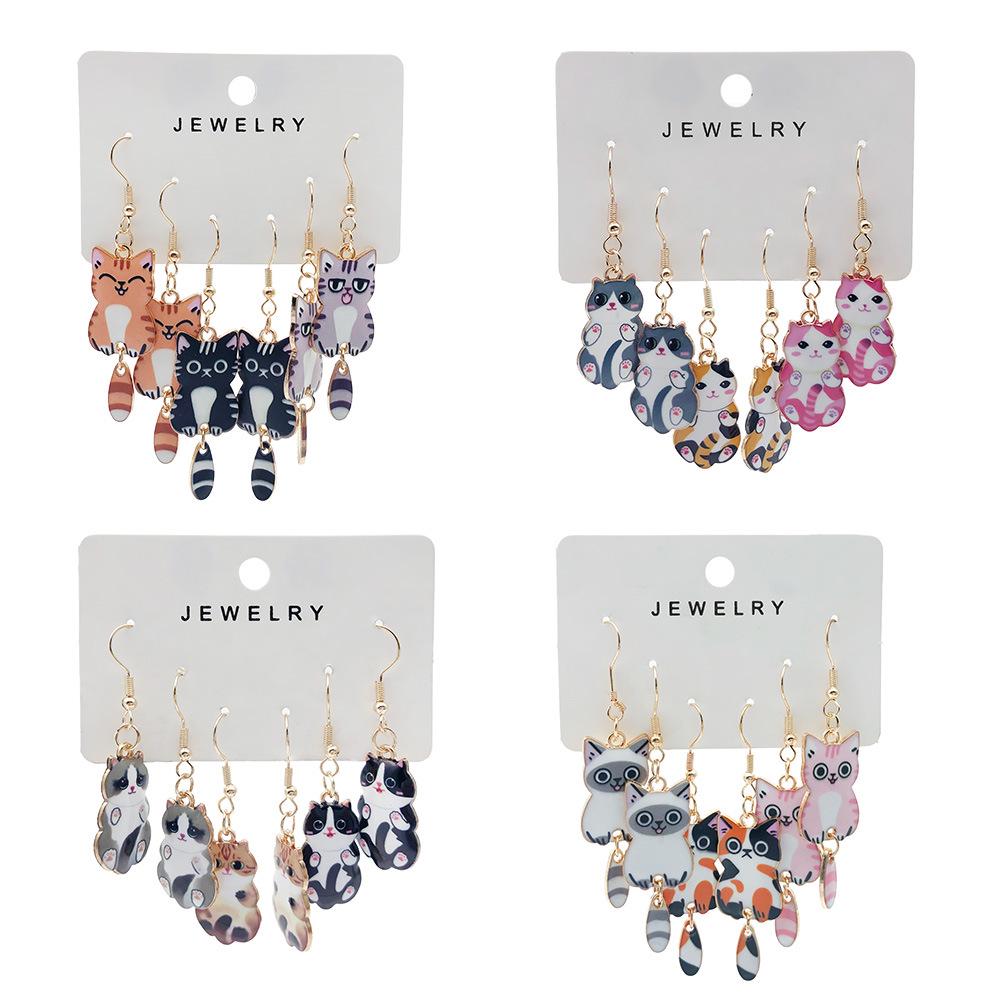Exclusive Alloy Cartoon Kitten Print Fashion Earrings Set