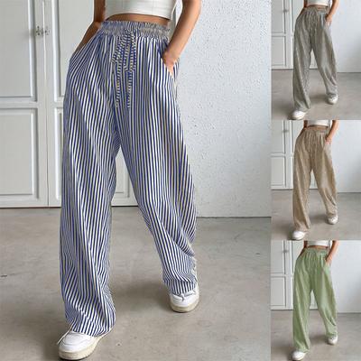 Women's High Waist Drawstring Wide Leg Pants Straight Leg Striped Casual Trousers With Pockets For Summer Daily Outdoor Wear
