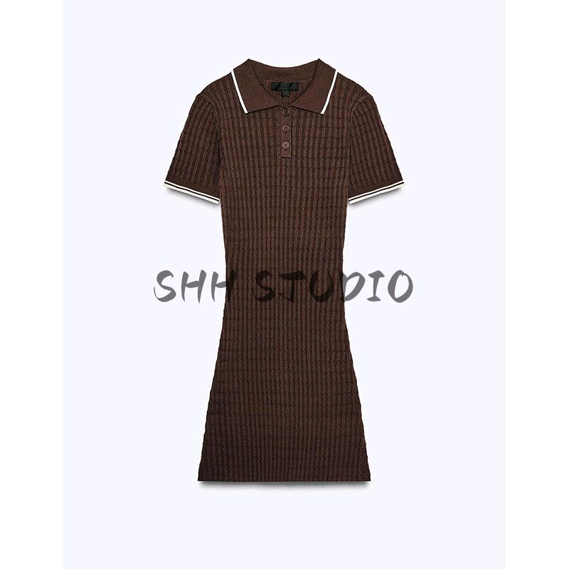 Spring Women Clothes Korean Style Contrast Color Trim Short Sleeve Polo Shirt Collar Knitted Mini Dress 0014001