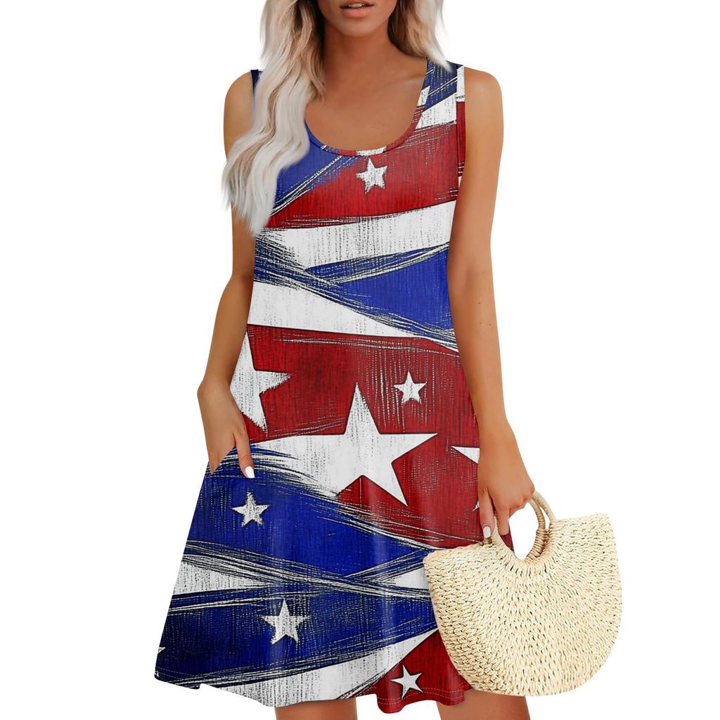 Women's Summer Casual Square Neck Independence Day Printed Dress Sleeveless Dress With Pockets