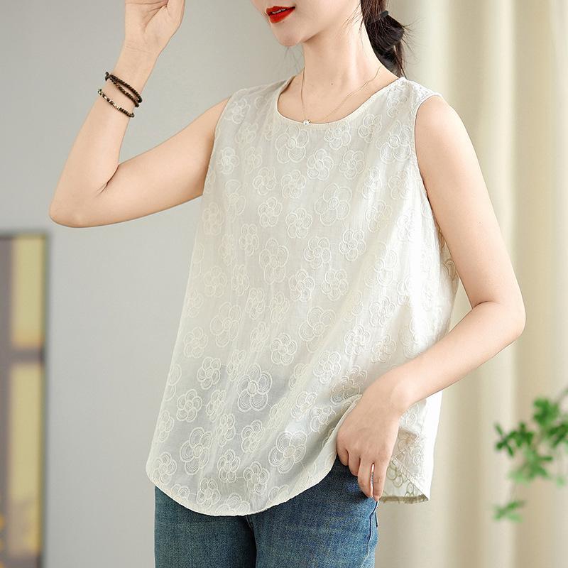 Women's Beige Embroidered Cotton Sleeveless Vest - New Chinese Style