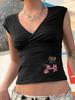 2026 Šik květinový úzký crop top s výstřihem do V a výšivkou pro ženy - Jaro/Léto Sladký a pikantní design