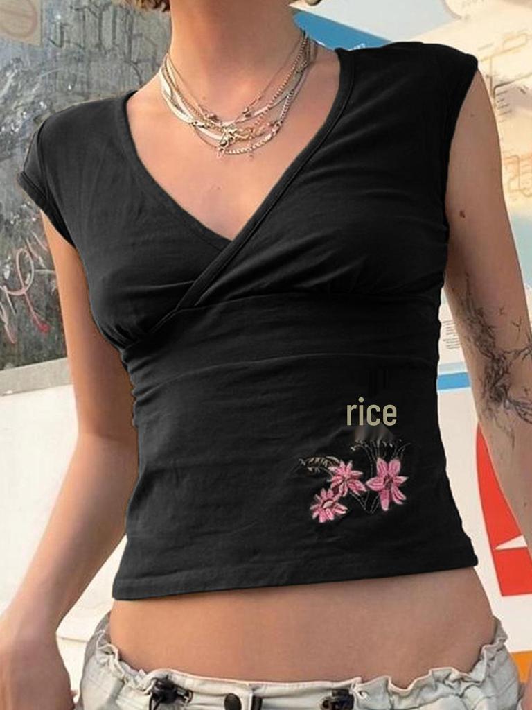 2026 Šik květinový úzký crop top s výstřihem do V a výšivkou pro ženy - Jaro/Léto Sladký a pikantní design