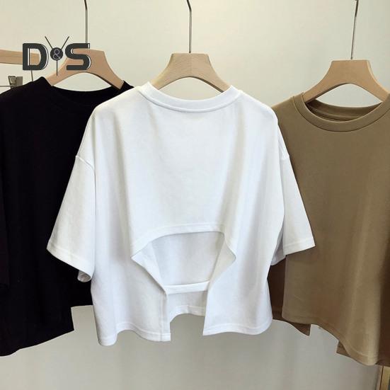 Damen Cropped Tops Rundhals Kurzarm Rücken Hohl Design Einfarbig Tops Sommerferien T-Shirt