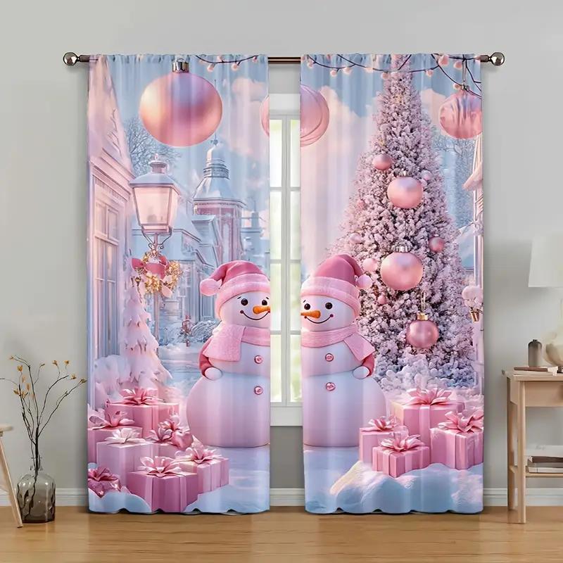 2Pcs Cute Pink Snowman Pattern, Filter Polyester Curtains For Christmas Family Windows
