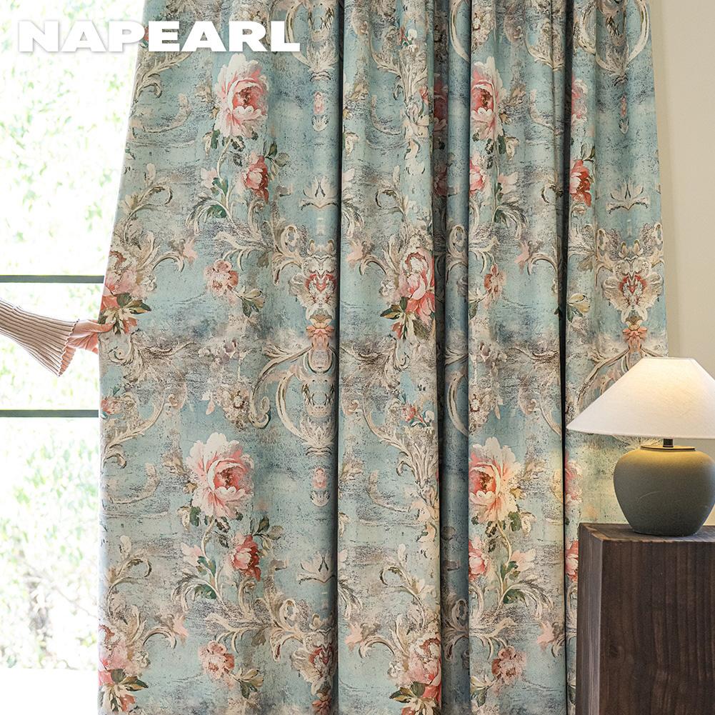 1 Stück NAPEARL Französischer Idyllischer Stil Verdunkelungsvorhänge Blauer Grund Pfingstrosenmuster Vorhänge Dicke Vorhänge für Schlafzimmer Wohnzimmer Fenster für Heimdekoration