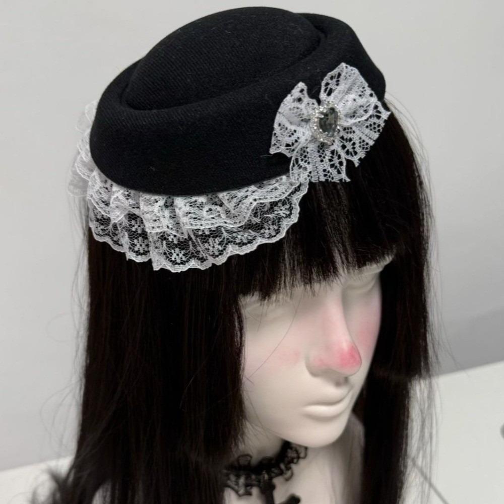 Elegant Lace Billycock Hat Sweet Heart Crystal Round Hat Hair Accessories Bow Pillbox Hat  Party