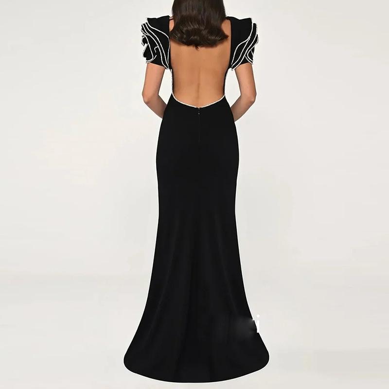 2025 European & American Designer Rhinestone Ruffle Sleeve Backless Floor-Length Gown