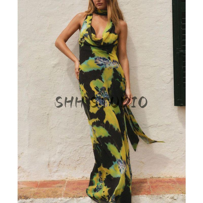 Summer New Product Women's Clothes Sexy Style Pleated Draped Collar Sleeveless Thin Scarf Decoration Print Length Dress 3323308