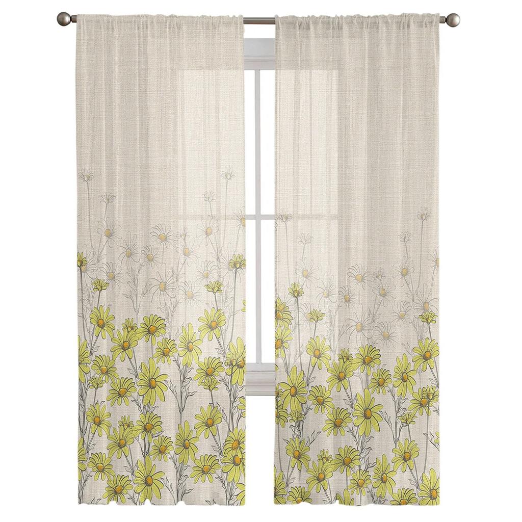 Spring Chrysanthemum Watercolor Flowers Bedroom Transparent Sheer Curtains Holiday Decoration Window Voile Tulle Curtain