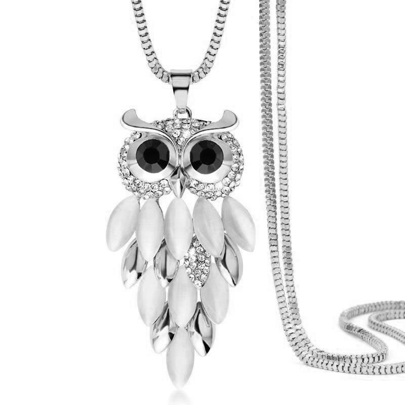 Fashion Crystal Opal Owl Long Necklace for Women New Statement Sweater Chain Necklaces