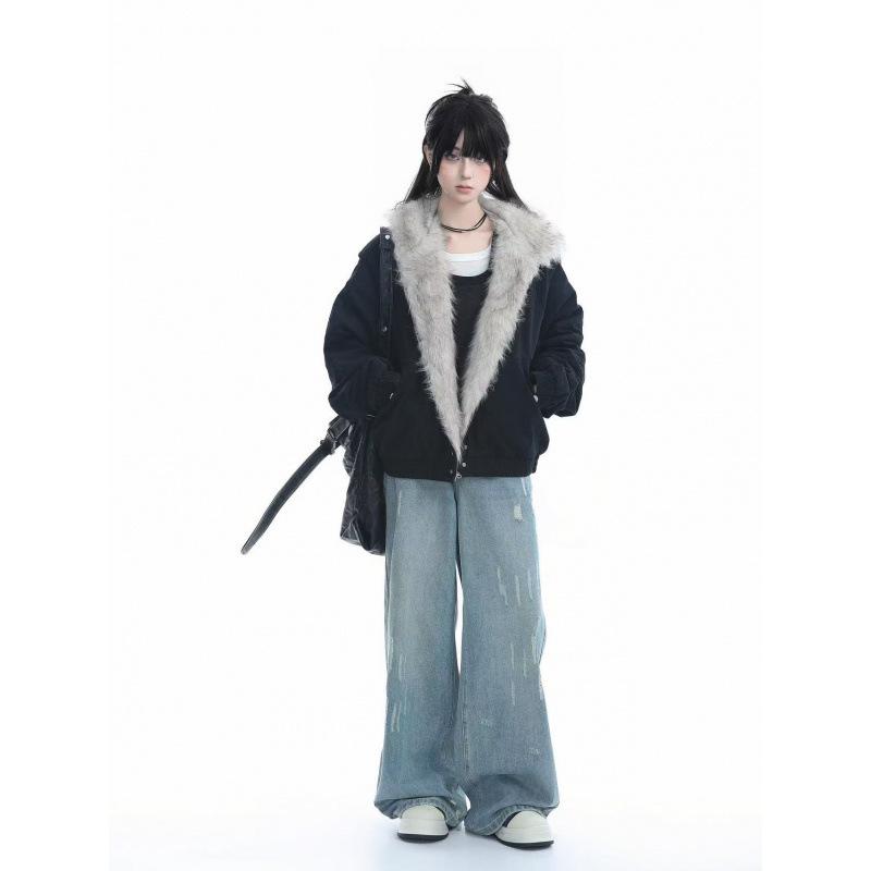 Winter Retro Fur Collar Women Padded Hooded Cotton-Padded Jacket Plush Casual Street Gothic Harajuku Oversize Coat