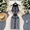 Sexy celebrity light luxury neck sleeveless metal buckle slim knitted dress women's French waist thousand bird grid skirt