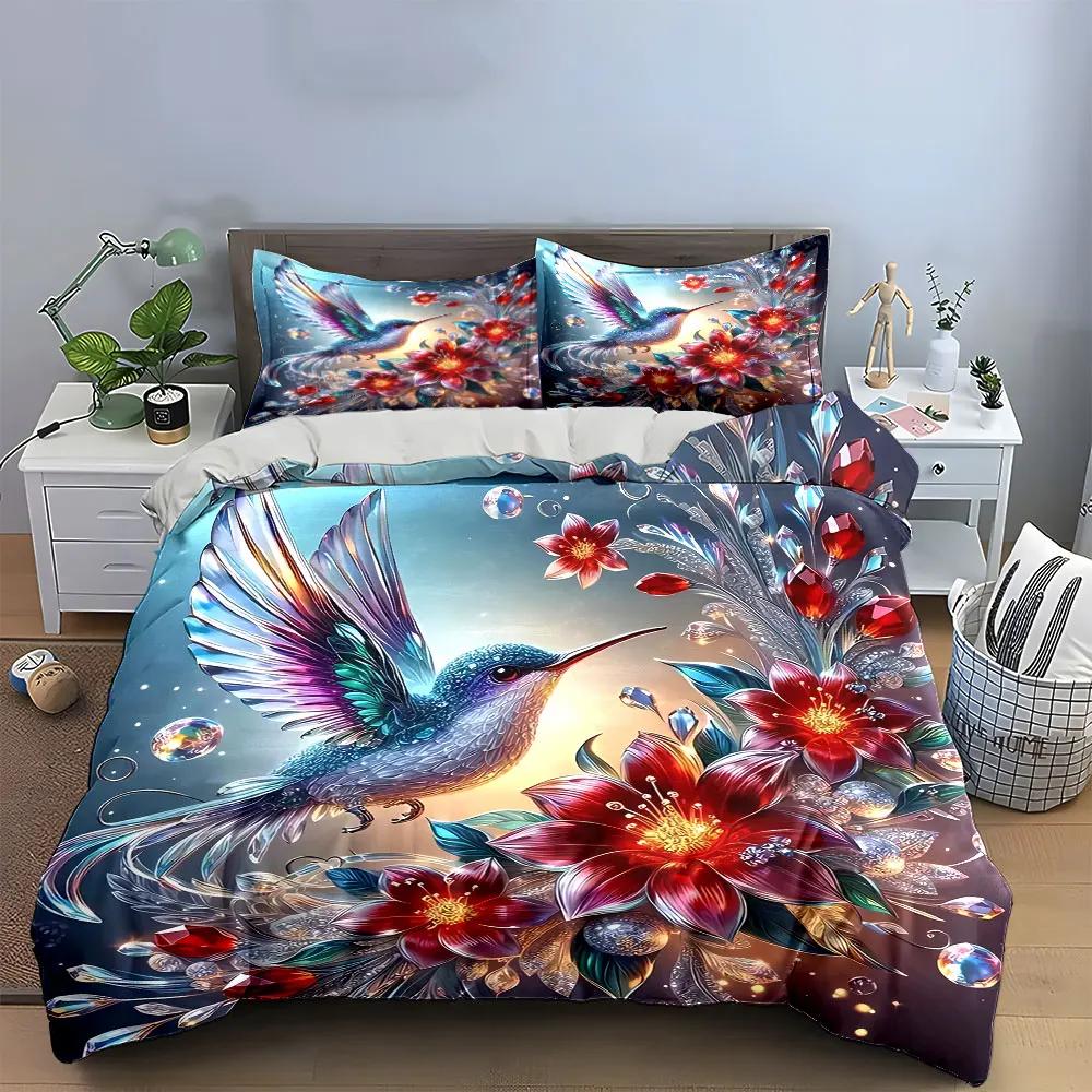 Hummingbird Floral Jewel Decor Bedding Set with 1 Duvet Cover 2 Pillowcases Single Double King Queen Gift