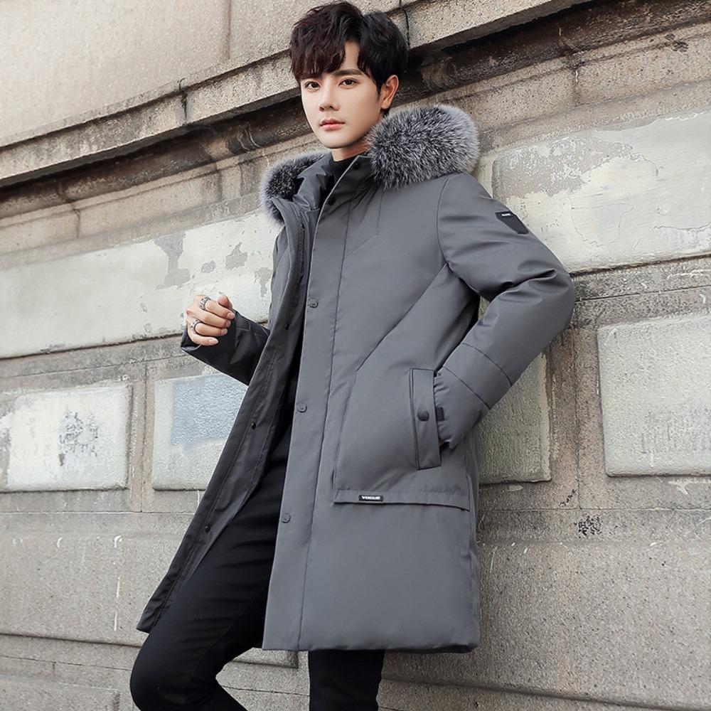 Down Jacket Medium and Long Men's Korean Version New Two Open White Duck Down Big Fur Collar Youth Popular Fashion Hooded Jacket