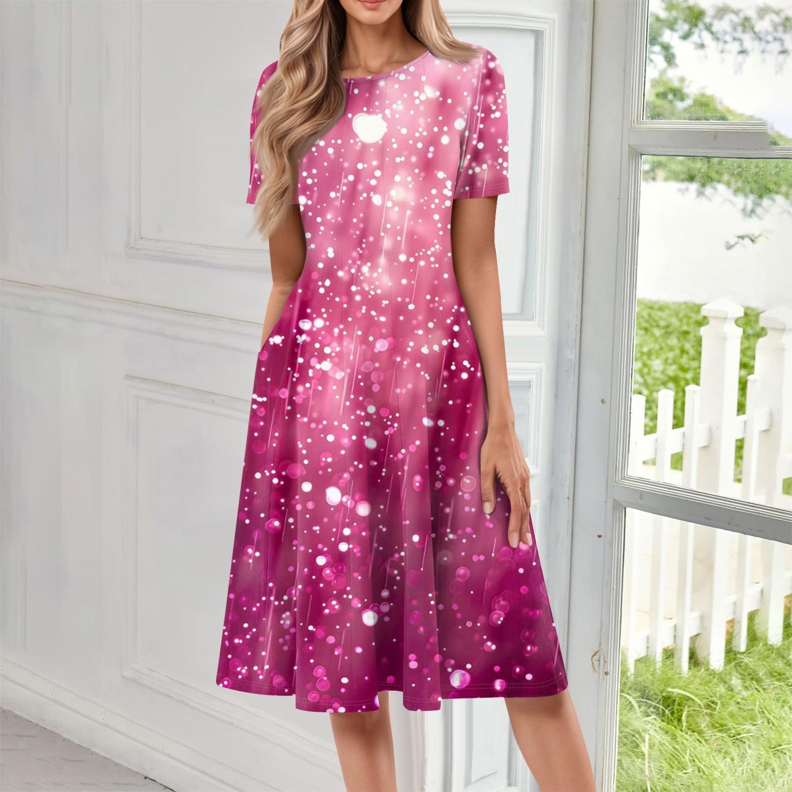 

Жіноча вільна повсякденна та модна сукня середньої довжини з круглим вирізом і короткими рукавами з принтом XXL