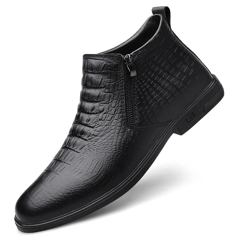 Fashion Winter Plush Genuine Leather Chelsea Men Boots Leather Men Designer Ankle Boot Fashion Casual Business Formal Boots Cowboy Boots