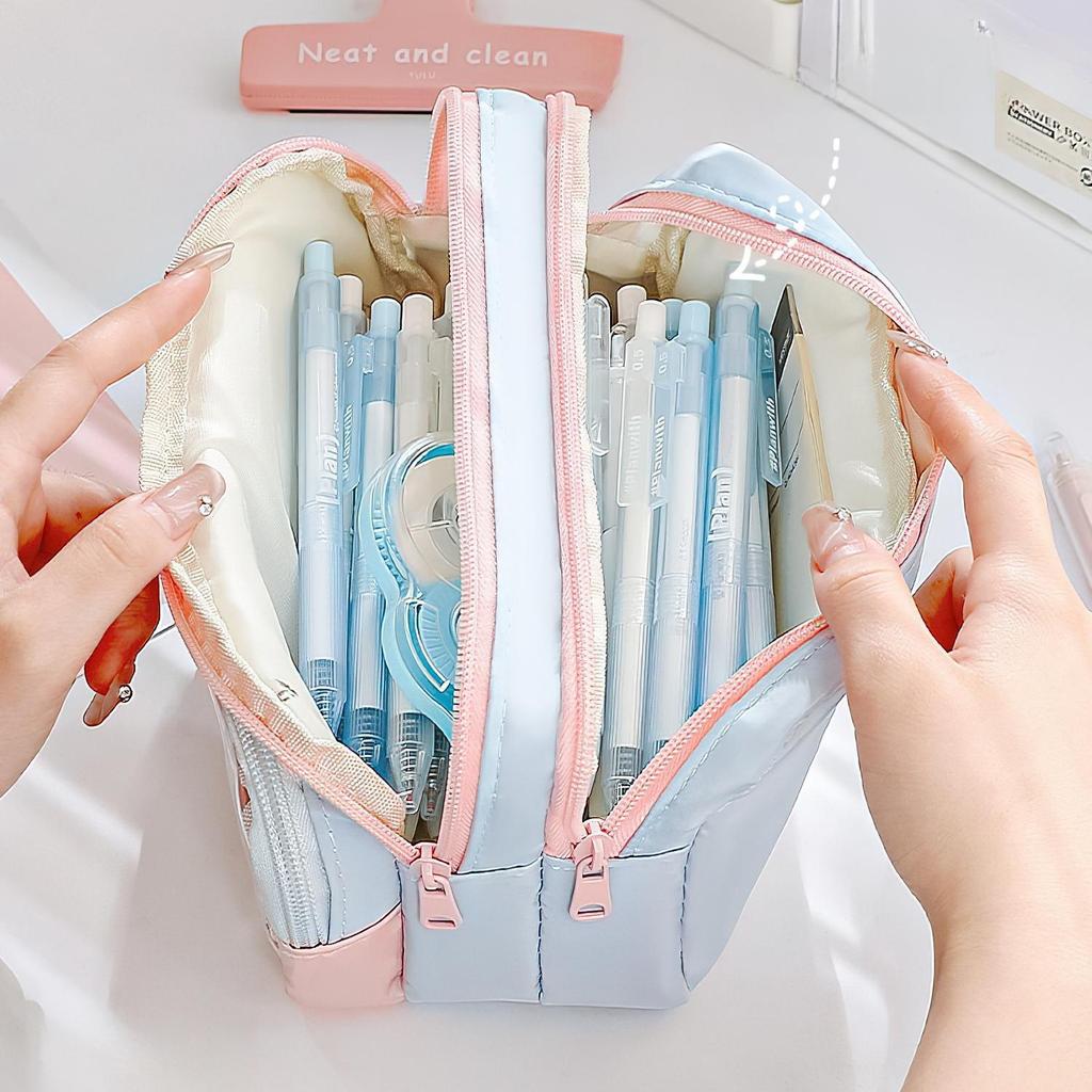 Cream Pencil Bag Pen Case Hitting Color Blocked Staged Type Transparent Front Pocket Storage Pouch for Stationery