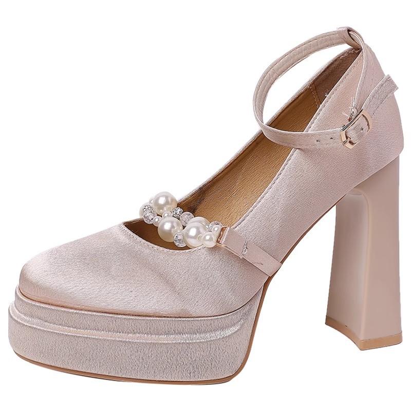 Waterproof table Mary Jane shoes women's spring new commuting heightened square head thick heel satin performance small leather shoes