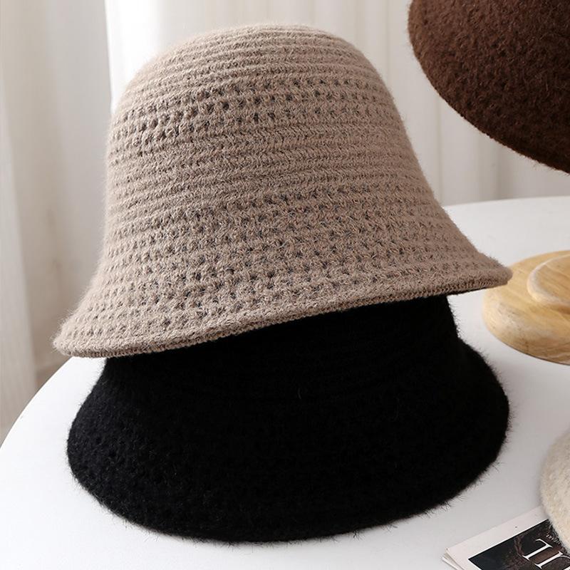Autumn and winter knitting double-sided can wear solid color bucket hat women's casual versatile hollow bucket hat to keep out the cold and warm basi