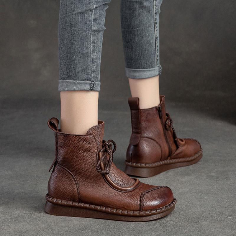 Johnature Flat Bottom Plush Warm Cotton Boots Solid Color Retro Genuine Leather Women's Short Boots