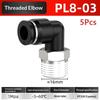 5Pcs 90 Degree Push Fit Copper Air Tube Connector Black Industrial Pneumatic Pl6-01/Pl6-02/Pl8-02/Pl8-03/Pl10-03/Pl12-03
