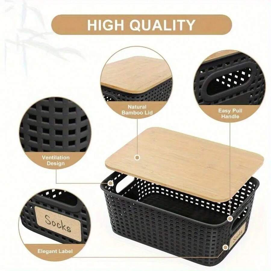 6-Piece Plastic Storage Basket With Bamboo Lid, Stackable Storage Basket Storage Box, Suitable For Home, Office, Game Room