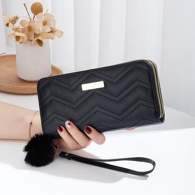 Women's Long Wallet, New Wavy Pattern Embroidered Hairball Pendant, Change Bag, Solid Color Double-layer Clutch Bag.