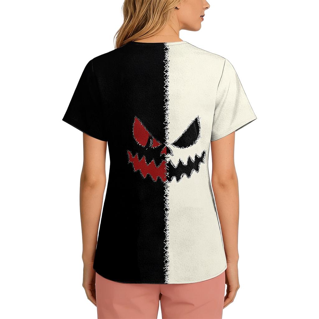 Women's Short-sleeved Halloween Print V-neck Pocket Protective Work Shirt