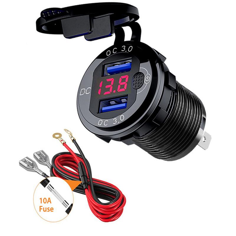 Aluminum Quick Charge Dual QC3.0 USB Car Charger Socket with Digital Voltmeter With Switch Button for Marine Motorcycle Truck