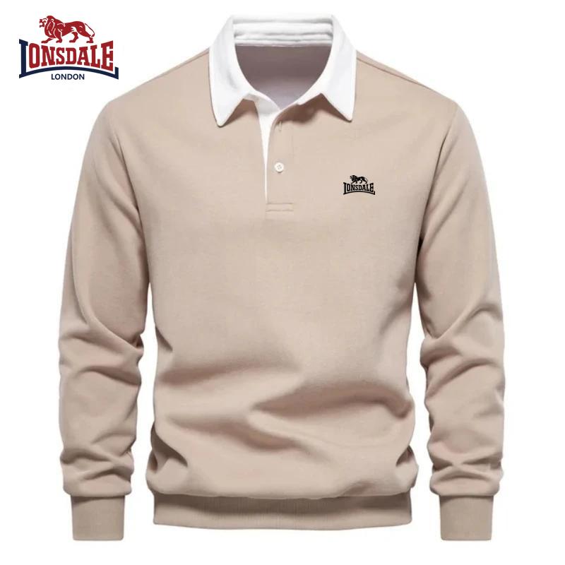 Lonsdale Tricou polo pentru bărbați din bumbac pur brodat cu mâneci lungi pentru toamnă și iarnă, top multifuncțional nou la modă și casual
