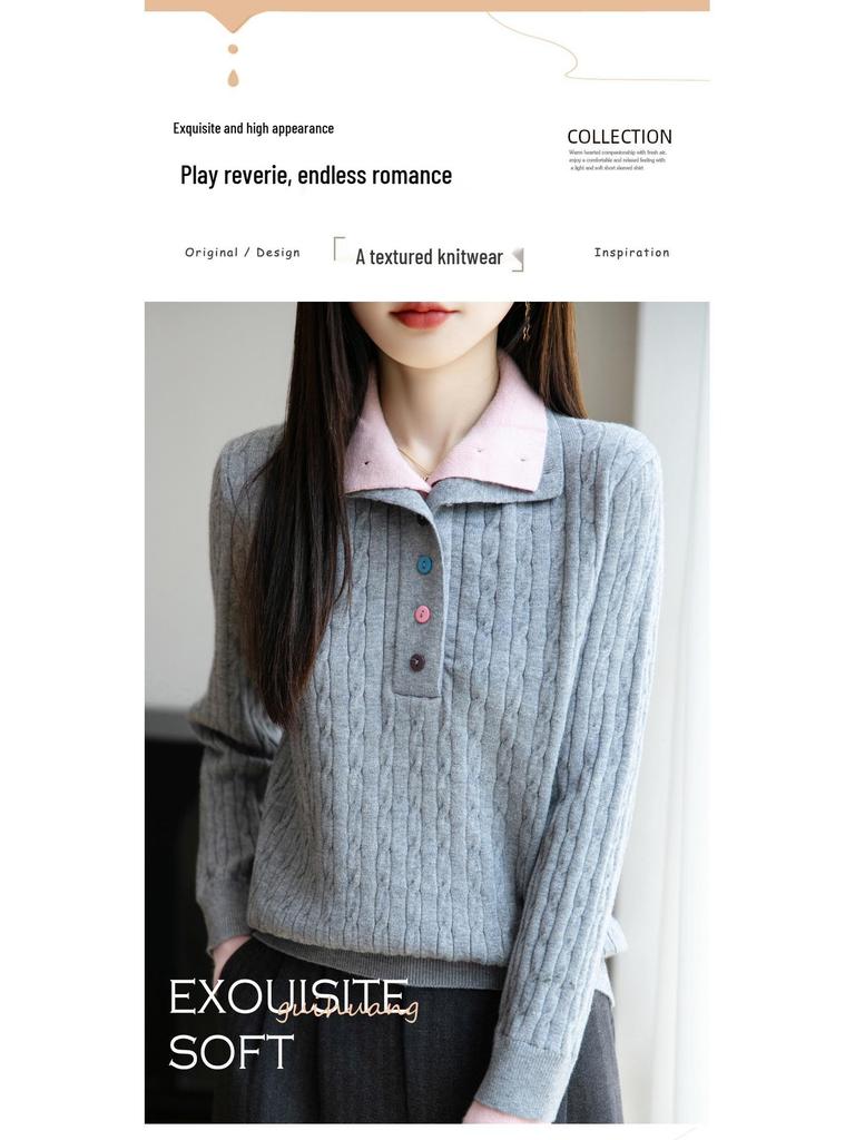 High-End Women's Retro Cable Knit Sweater: Two-Piece, Half-Open Collar, Korean Style, Autumn/Winter Slimming Knitwear