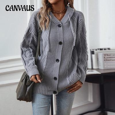 Maglieria da donna autunno e inverno con coulisse tinta unita, cardigan con cappuccio di media lunghezza a fiori intrecciati