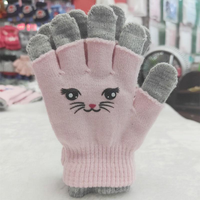 Girls' Double-Layer Knitted Cartoon Gloves - Cute & Warm, Ideal for Primary School Students In Autumn/Winter