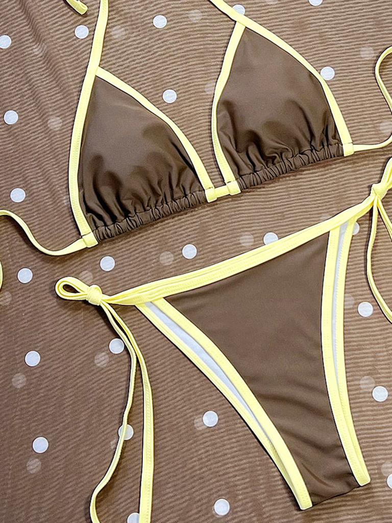 Women's Swimsuit Contrast Color Halter Neck Triangular Bag Side Tie Three Piece Bikini Swimsuit Beach Wear